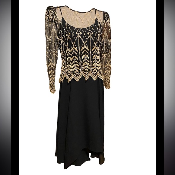 Vtg 90s Cachet Gold Embroidered Lace Black Chiffon Midi Dress - Picture 4 of 13